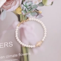 White pearl bracelet with golden Hamsa Hand pendant and adjustable heart extension chain - 5# White