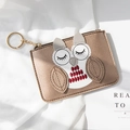Mini champagne gold leather owl coin purse with a keychain and cute embroidery detail - Champagne