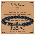 Detail of beaded bracelet with American flag cross and tiger eye stone for fiancé gift - To My Fiancé