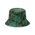 Detail of tropical palm leaf print and reinforced stitching on a canvas bucket hat - Dark Green Tropical Leaves (Z)