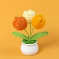 Handmade crocheted potted tulips in orange, beige, and yellow with a white ceramic pot - Orange Gradient 3 Head Tulip