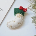 Handmade wool felt Christmas stocking ornament in cream and green with red bow detail - White Sock / 7x9.5cm / White