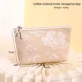 Waterproof PU leather semicircular makeup bag in coffee brown with floral texture - Coffee Small Hexagon Bag