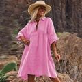 Detail of pink loose cotton linen shirt dress with polo collar for beach vacation - Rose Pink