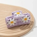 Detail of purple crocheted hair claw clip with white daisy embroidery on wood tray - Style 6 Purple Daisy Embroidery (12.5cm)