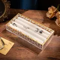 Elegant rectangular jewelry tray with gold leaf leaf patterns and white velvet ring slots - Type B Printed / Off-white