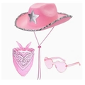Set cappello da cowboy rosa con stella di paillettes, occhiali a cuore e bandana - Set 3 Pezzi Cowboy Stella Rosa