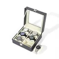 Black leather 6-slot watch storage box with transparent window and velvet cushions - 6-Slot Double Row