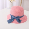 Pink straw sun hat for girls featuring a navy blue corduroy bow and handmade leather tag - Kids 54cm (4-9 Years) / Single Hat / Watermelon red