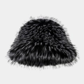 Primer plano del gorro bucket de pelo sintético negro con textura de felpa suave y esponjosa - Talla única / Negro