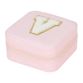 Pink square travel jewelry case featuring a plush white gold-edged letter V patch - Letter V (No Mirror) (FS61) / 10x10x5cm