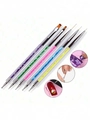 Set de 5 pinceaux nail art à double embout avec manches à paillettes colorées - Lot de 5 Stylets de Dotting à Double Extrémité