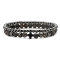 Close-up of punk style beaded bracelet set featuring grey stones and a cross charm - 6MM Black Flash Stone & 4MM Hematite