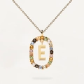 S925 sterling silver gold necklace featuring oval pendant with colored gems and letter E - 925 Silver / Letter E (Gold)
