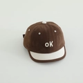 Detail of baby baseball cap with OK embroidery and brown white contrast panel design - Coffee