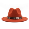 Detail of orange wool fedora featuring a brown leather band with metallic rivet studs - Brick Red