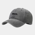 Detail of HELLO embroidery on vintage washed grey baseball cap with high cotton texture - Adjustable / Gray