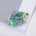 Dusty blue rose floral hair comb with mint green accents and silver metal teeth - FS09-5 Blue