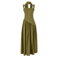 Olivgrünes Halterneck-Maxikleid mit Faltenrock und asymmetrischem Taillendesign - XS / Armeegrün