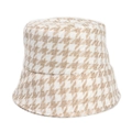 Detail of woven houndstooth pattern texture on stylish winter bucket hat for women - M (56-58cm) / Khaki