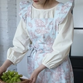 French country style apron with light blue floral print, ruffled straps and large pockets - Blue and Coffee Toile