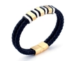 Men's double-layered black woven leather bracelet with gold magnetic clasp and silver beads - Black Leather Gold KB110177-K
