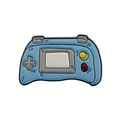 Dettaglio macro di una spilla in smalto azzurro a forma di controller di gioco retrò - Console di Gioco Blu Chiaro