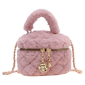 Mini sac matelassé en peluche rose pour filles avec chaîne dorée et breloque camélia - Rose
