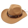 Detail of western cowboy hat featuring a leather band with bull head metal emblem - M (56-58cm) / Camel (Peach Cow + Brown Bull Head)