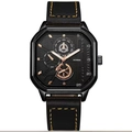 Orologio al quarzo da uomo quadrato con cinturino in pelle nera e cuciture gialle - Quadrante Quadrato (Tutto Nero)