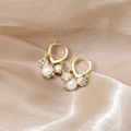 Elegant gold drop earrings with three pearls and sparkling zircons on silk background - E4873 Gold Triple Pearl Pendant