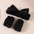 Elastic black coral fleece headband with bow and matching wristbands for skincare - Black - 3-piece Set (wrists Have 3 Hand-stitched Seams)