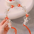 Golden flower girl headpiece with white pearls, red flowers and orange silk ribbon detail - Pearl Flower Headband-Red