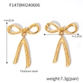 Detail view of gold titanium steel bow earrings showing 4.8cm length and 7.3g weight - Large 3D Bow / Gold