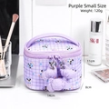 Purple checkered makeup bag with bow charm and cartoon dog print in small size - Lilac Small