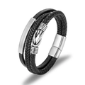 Mehrlagiges geflochtenes Lederarmband für Herren mit magnetischem Stahlverschluss in Schwarz-Silber - Seilknoten Stil (QA-P70080) / 21.5cm