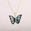 Gold butterfly pendant necklace with blue-green gradient resin wings and fine crystals - Gold Chain-Fantasy Green