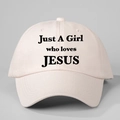 Pink baseball cap with Just A Girl who loves JESUS slogan on minimalist background - One Size / Beige