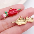 Lip with rose enamel charm in red and gold finish for DIY jewelry making crafts - Red Lips Biting Rose (21188)