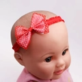 Red polka dot bow headband for infants made of soft pleated elastic fabric - Red Mesh with Dots