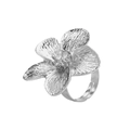 Macro shot of a large silver flower ring with realistic texture and adjustable band - Silver Floral Ring (R0877)