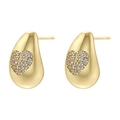 Golden teardrop stud earrings with pavé heart zirconia accents on white background - Gold Heart