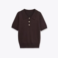 Short sleeve dark brown knit polo shirt with decorative gold petal buttons on white background - S / Coffee