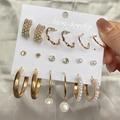 Set of 9 gold-finish earrings with vintage butterfly, pearl, and crystal studs - 9 Pairs Set-Gold Pearl Rhinestone Combo
