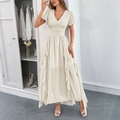 Elegant cream white V-neck chiffon maxi dress with ruffle details and irregular hem - S / Apricot