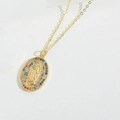 Gold plated vintage oval portrait necklace with colorful gems on white leather - Gold Colorful Zirconia Virgin Mary XL3363-4