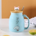 Cute light blue ceramic cat mug with 3D cat head lid, wooden cover and metal spoon - Blue