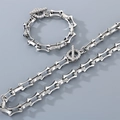 Polished silver skull bamboo chain necklace and bracelet set with crystal OT clasp - Bracelet 22cm / 12mm / Steel
