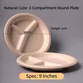 Eco-friendly 9-inch 3-compartment sugarcane pulp plate in natural brown, 23cm diameter - 9 Inch 3-Compartment Plate Thickened / Natural