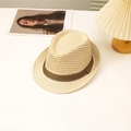 Chapeau fedora en paille avec tissage ajouré et ruban rayé pour protection solaire - L (58-60cm) / Blanc Cassé